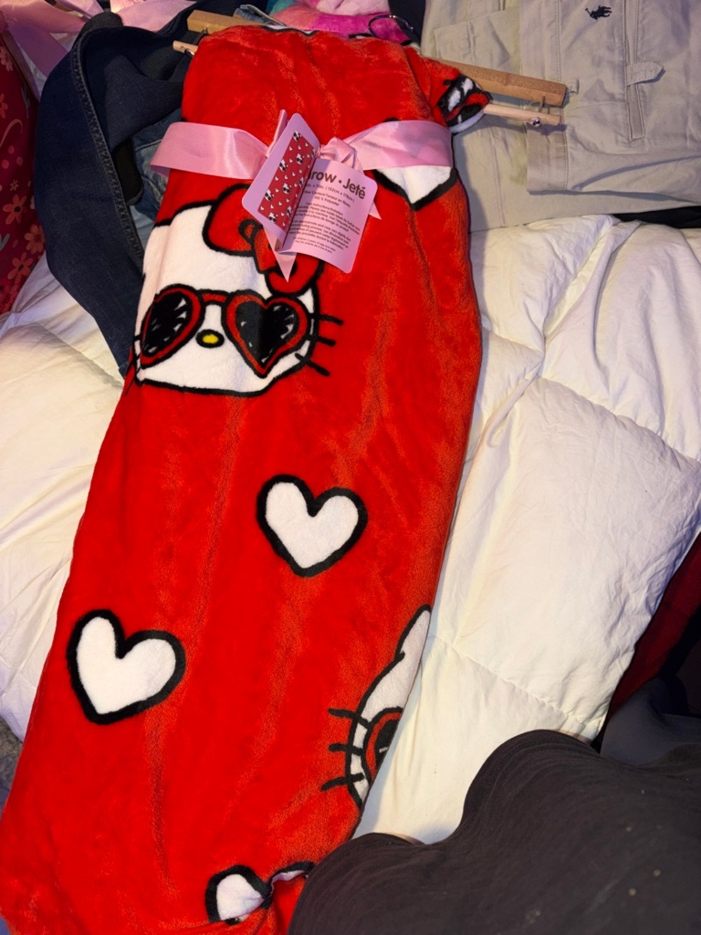 Hello Kitty Red White Heart Plush Throw Blanket